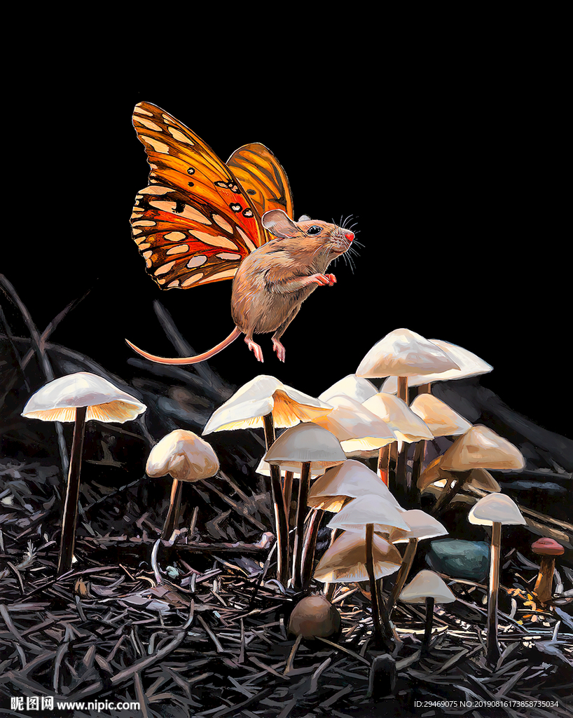 装饰画老鼠蝴蝶蘑菇创意手绘插画