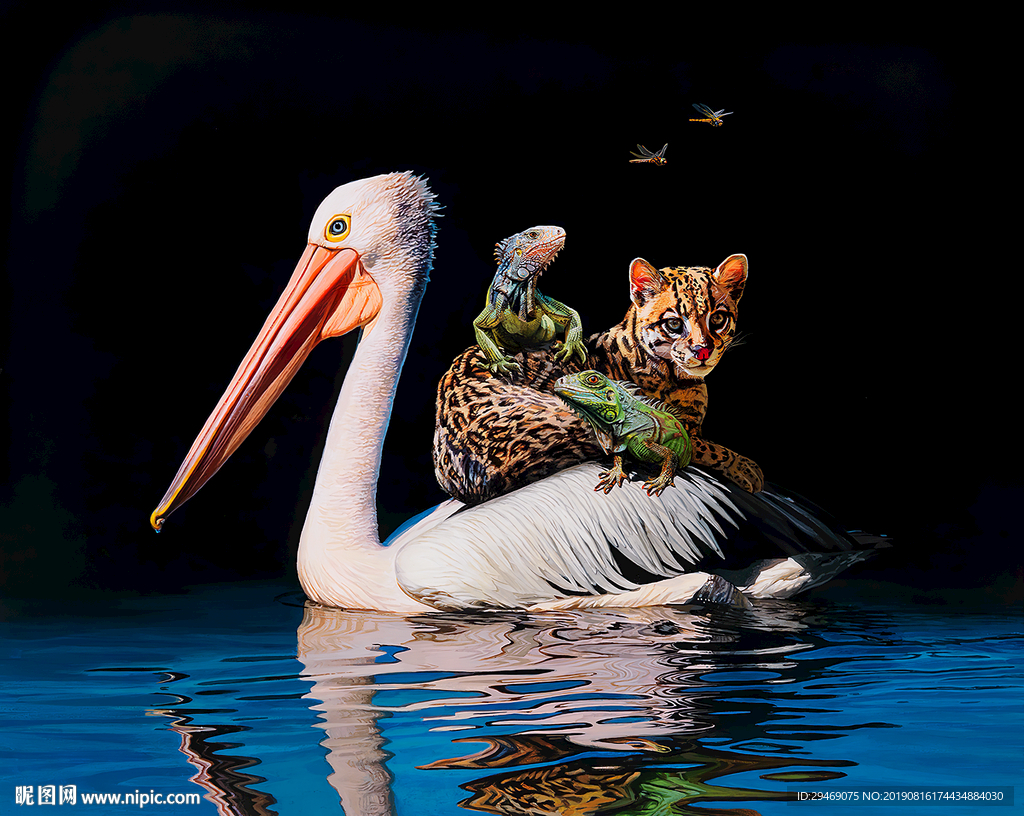 装饰画鹈鹕豹蜥蜴变色龙创意插画