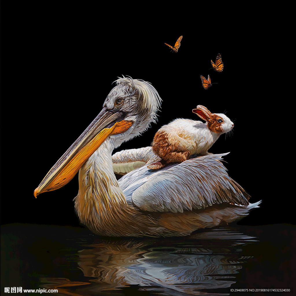 装饰画鹈鹕兔子蝴蝶创意水彩插画