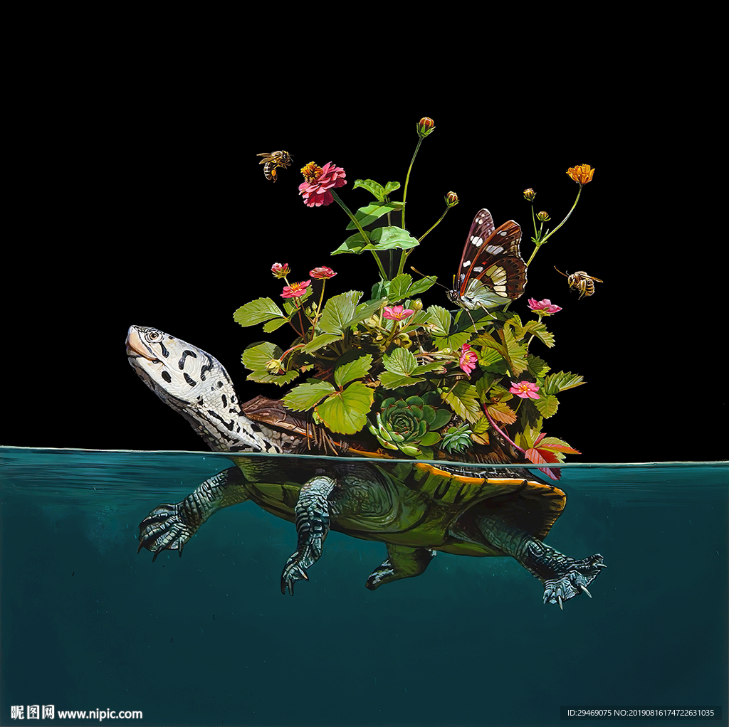 装饰画乌龟花草蝴蝶蜜蜂手绘插画