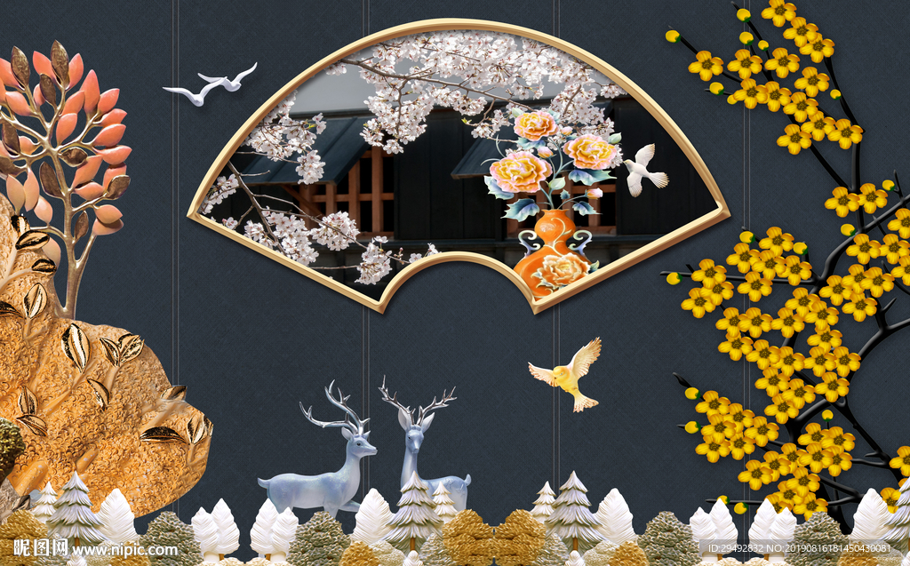 3D立体麋鹿花朵鱼鸟森林背景墙