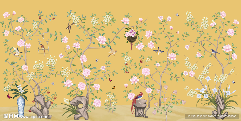 手绘花鸟中式背景墙
