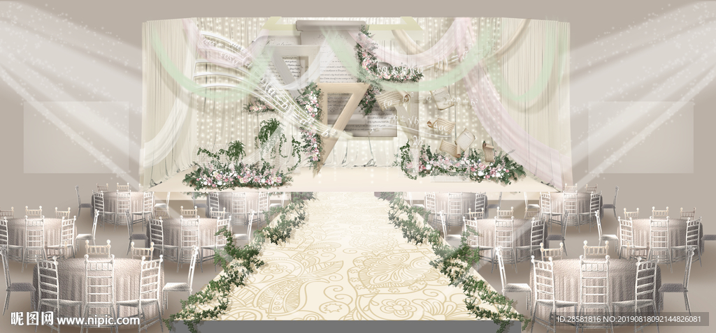 手绘香槟色婚礼舞台设计效果图