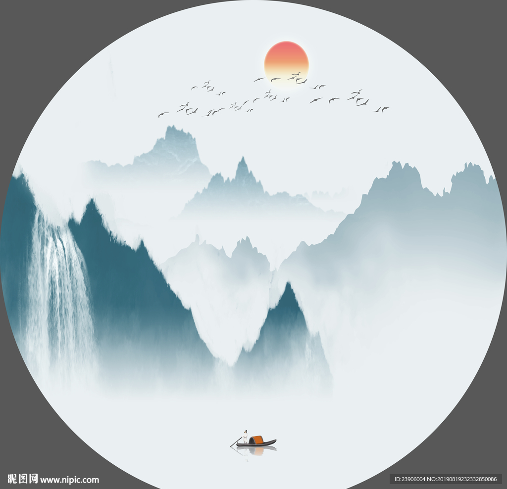 圆形水墨山水