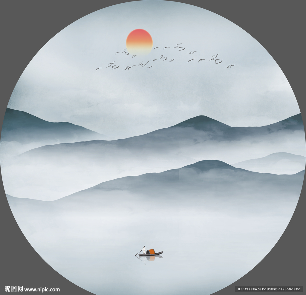 抽象水墨画 山水画 圆形无框画