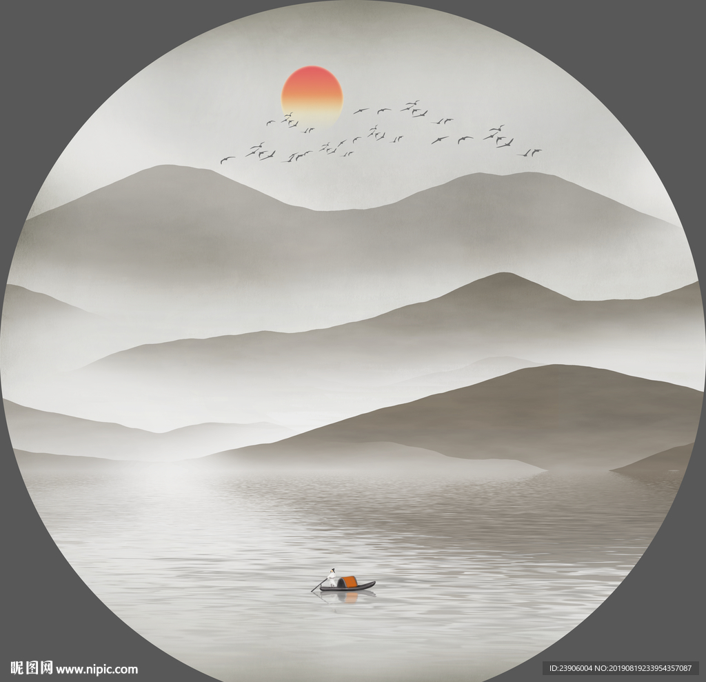 圆形水墨画 禅意水墨山水画