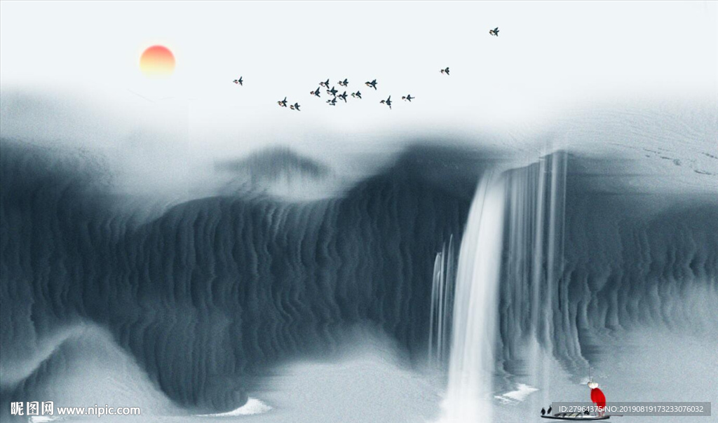 新中式山水花鸟渔夫船背景墙