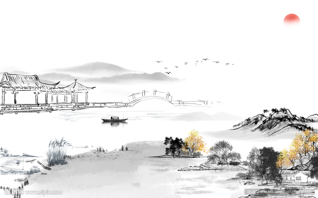 水墨山水背景墙图片