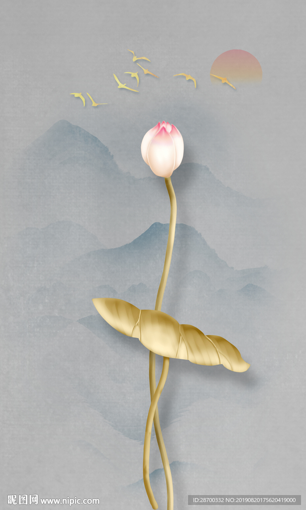 新中式荷花山水画