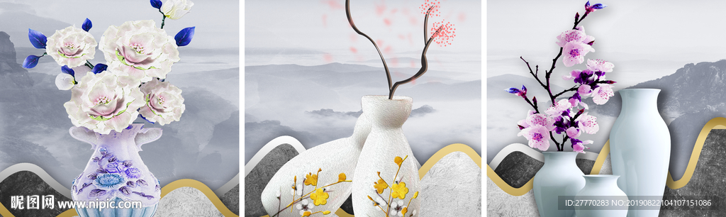 新中式花卉花瓶禅意三联装饰画