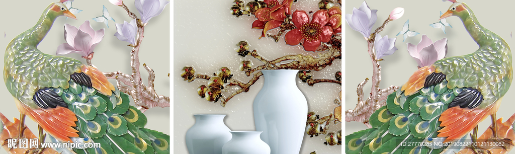 中式玉雕牡丹孔雀花瓶三联画