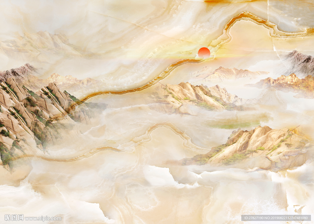 旭日东升  仙鹤石纹 高山流水