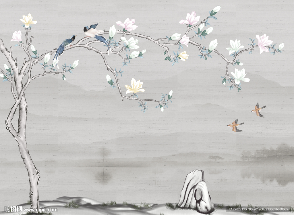 中式花鸟  玉兰花朵 复古玉兰