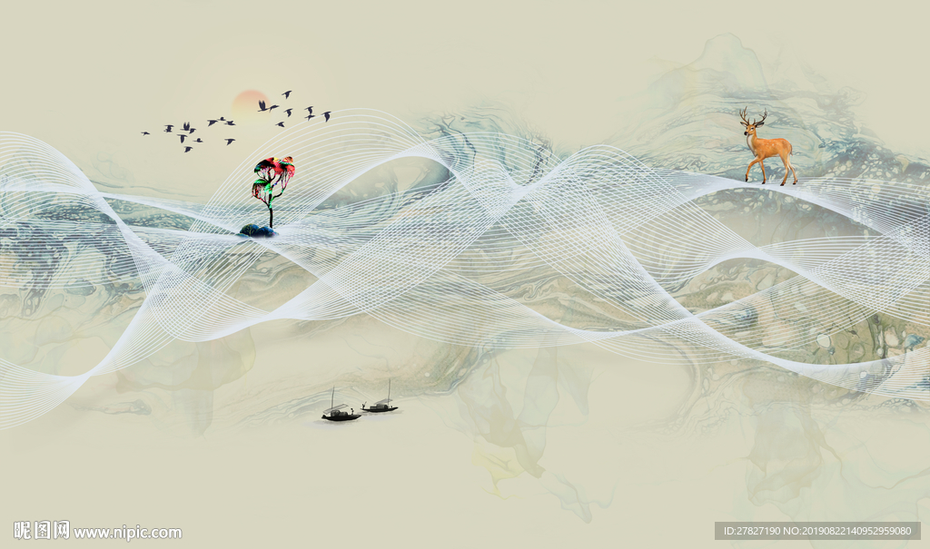 新中式 水墨山水 麋鹿飞鸟