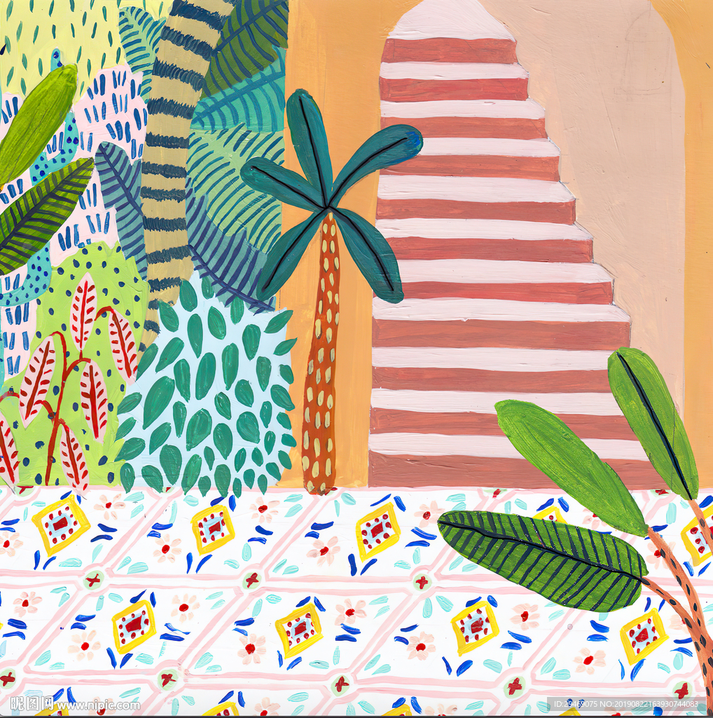 花园热带别墅花地板油画水彩画