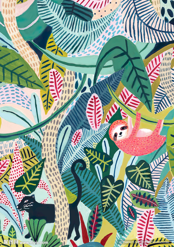 树懒森林手绘插画水彩创意装饰画