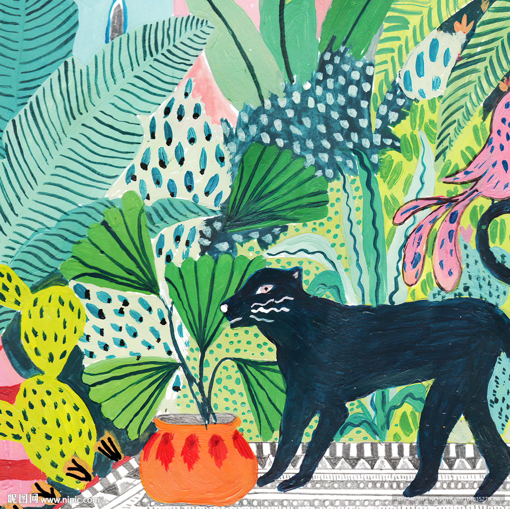 黑豹森林手绘插画水彩创意装饰画