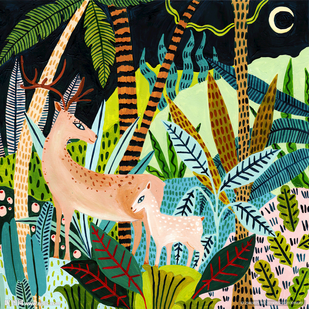 鹿森林手绘插画水彩创意装饰画