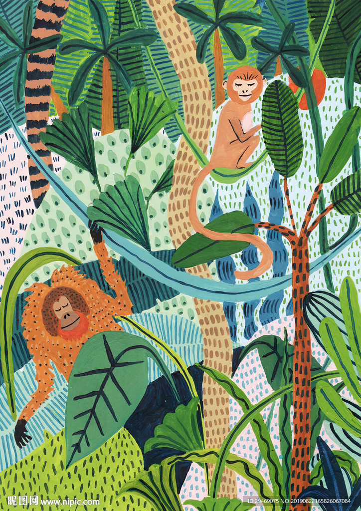 猴子森林手绘插画水彩创意装饰画