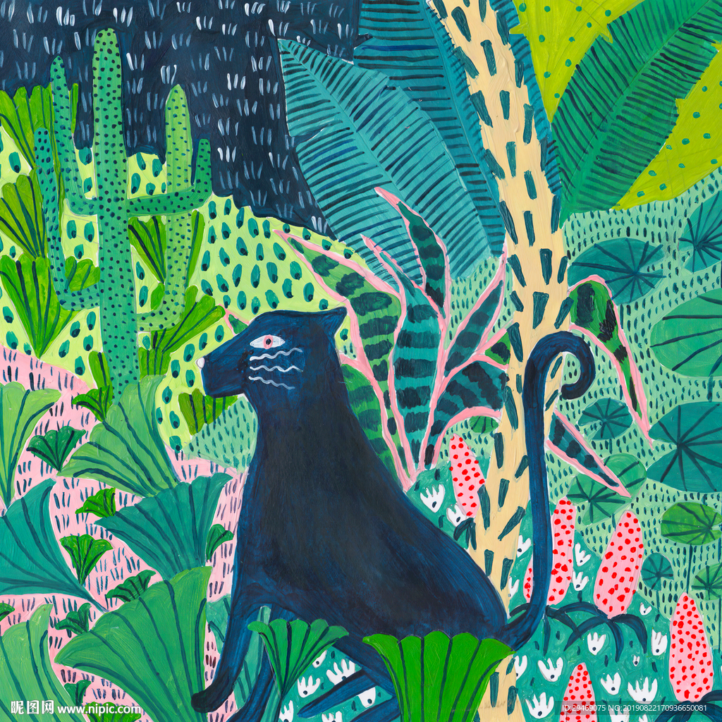黑豹森林手绘插画水彩创意装饰画