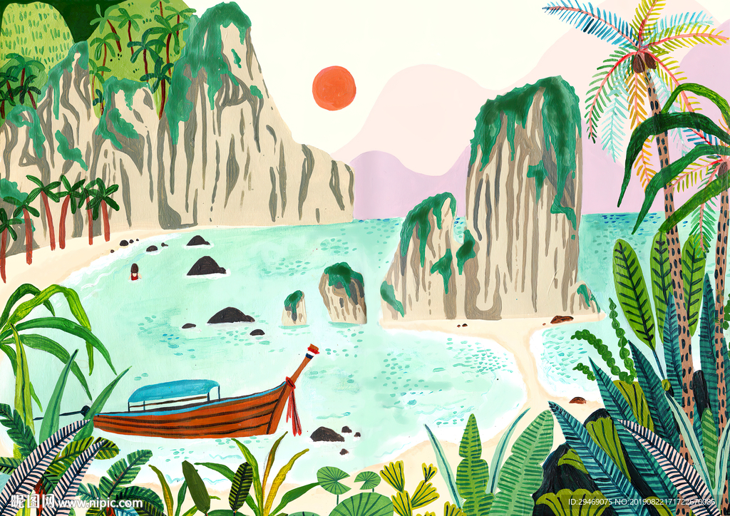 海湾渔船热带手绘插画创意装饰画