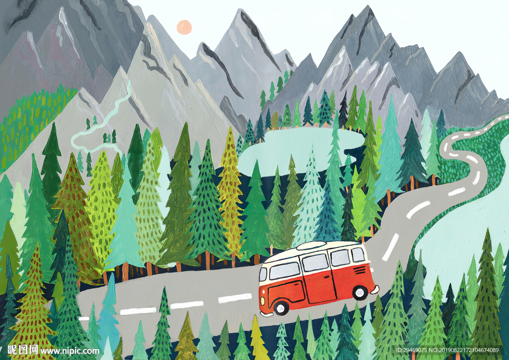 巴士公路山峰手绘插画创意装饰画