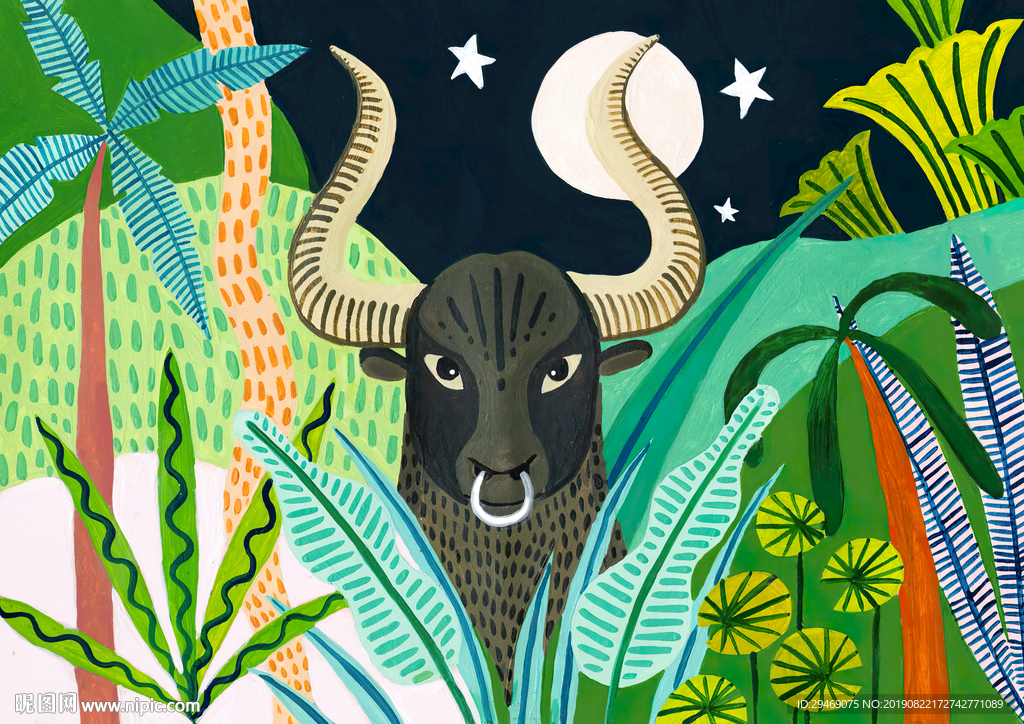 牛草原草手绘插画水彩创意装饰画