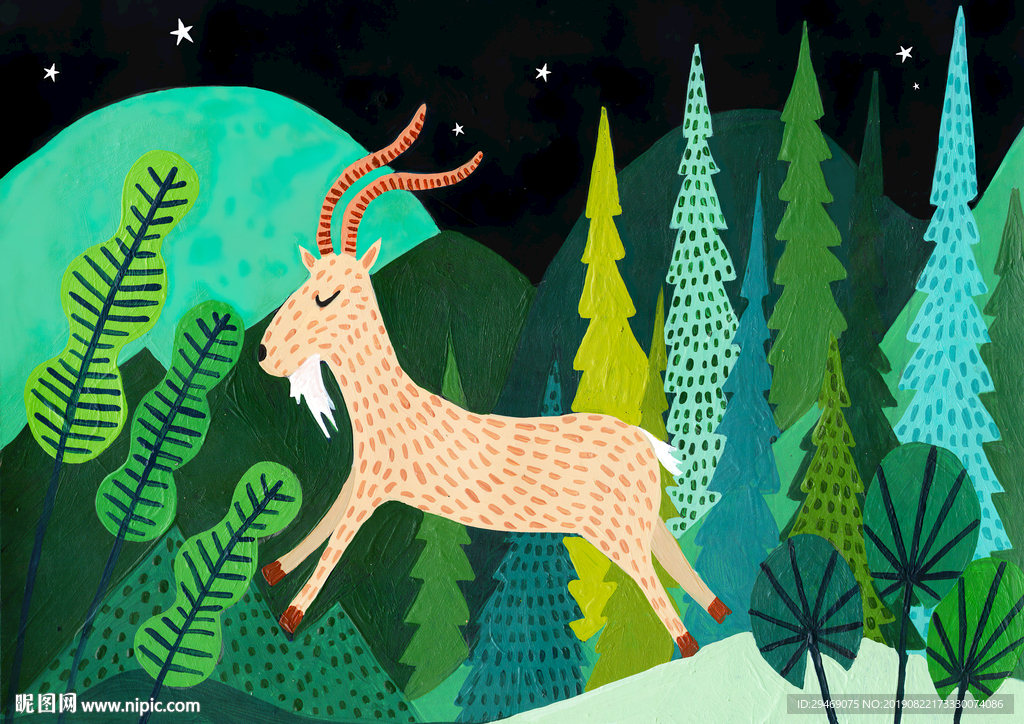 山羊森林手绘插画水彩创意装饰画