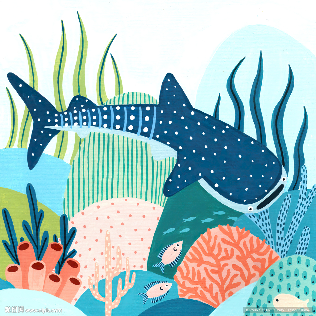 鲸鲨海底手绘插画水彩创意装饰画