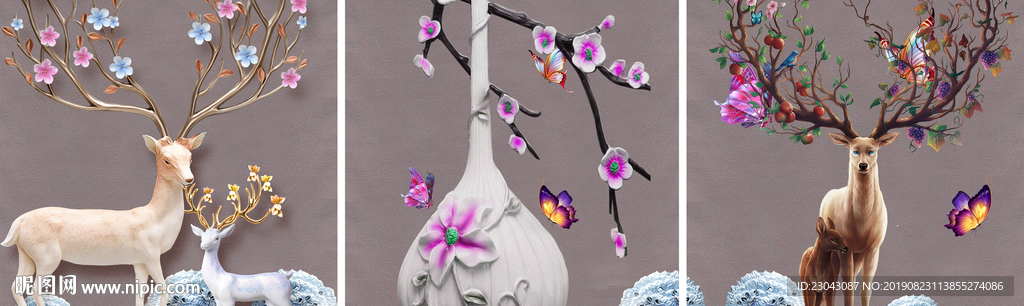 现代立体富贵花卉麋鹿装饰画