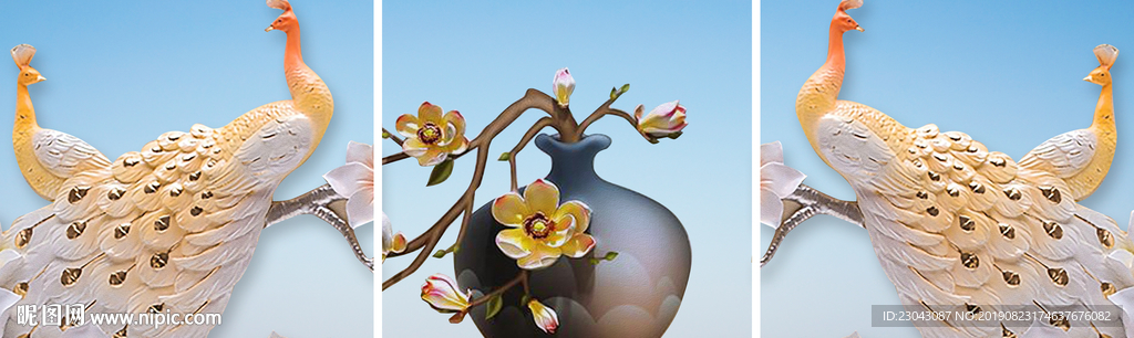 中式立体浮雕金色孔雀花瓶无框画
