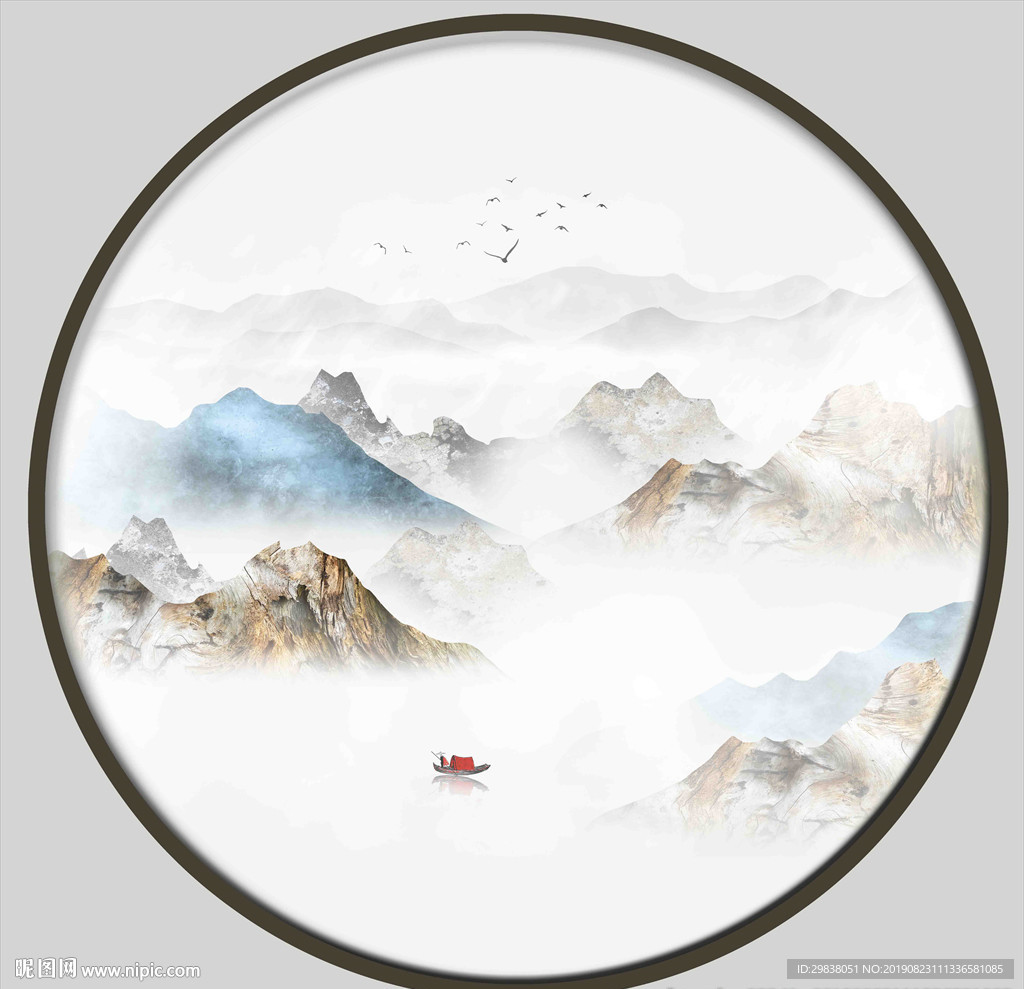山水圆形画