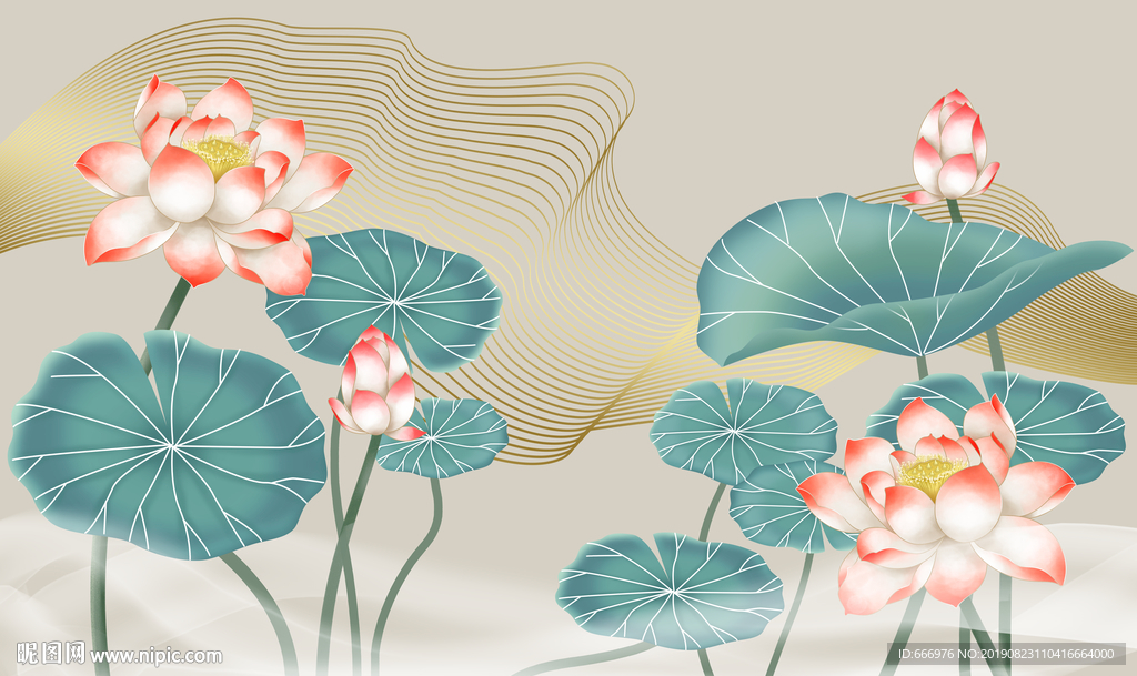 新中式线描水墨荷花抽象艺术轻奢