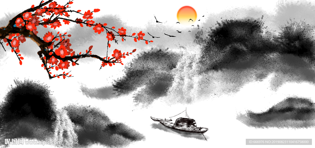 现代简约新中式水墨山水梅花客厅