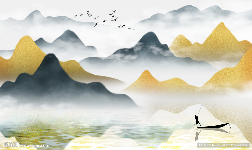 新中式抽象手绘水墨山水风景