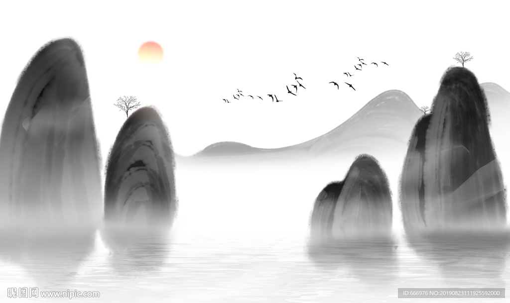 山水飞鸟背景墙