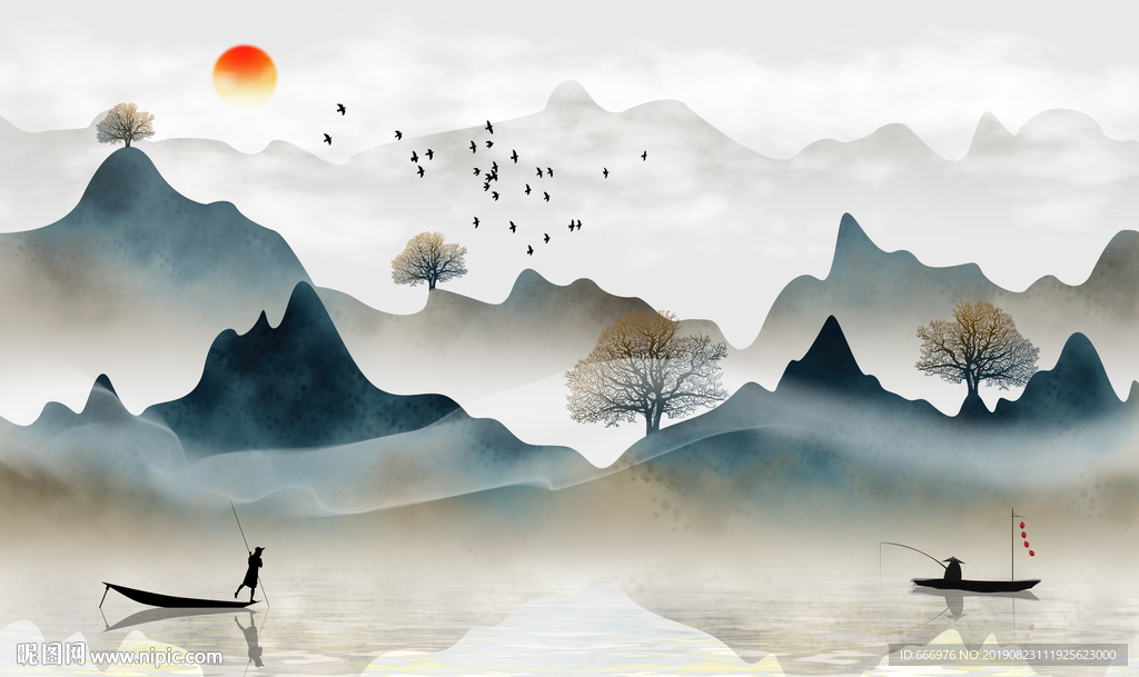 新中式抽象手绘水墨山水风景意境