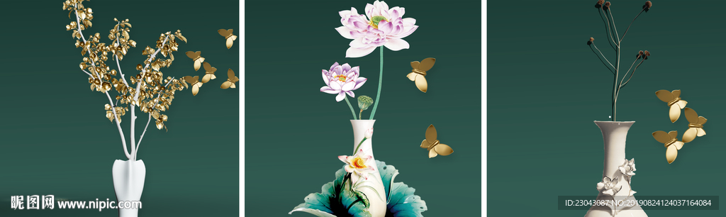 新中式花卉花瓶禅意三联装饰画