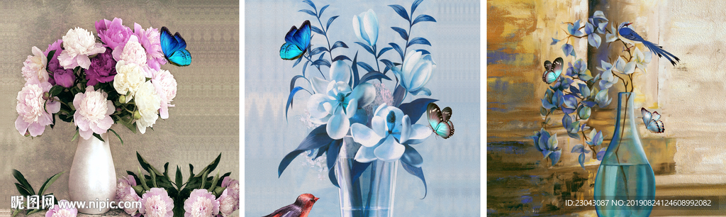 花卉花瓶三联画