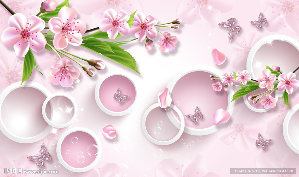 桃花蝴蝶圆圈背景立体背景墙壁画