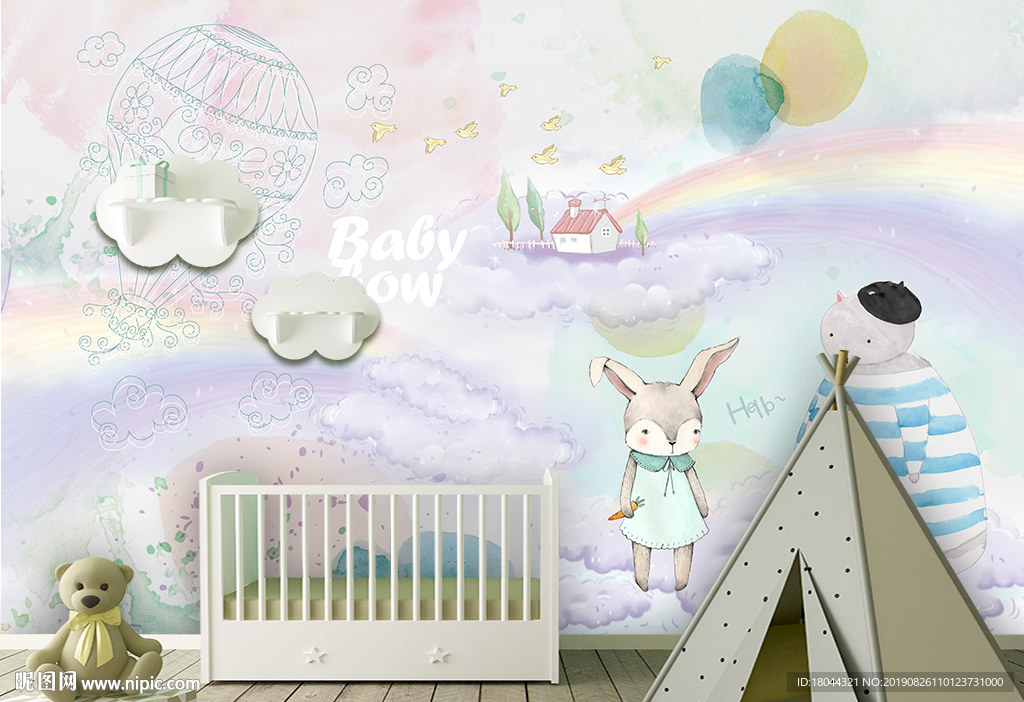 梦幻彩虹可爱动物儿童房背景墙