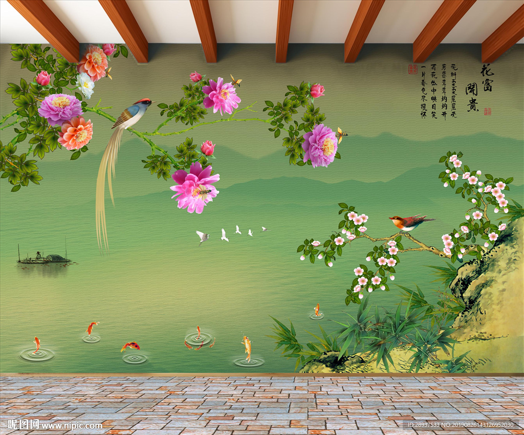 原创牡丹梅花喜鹊花开富贵背景墙