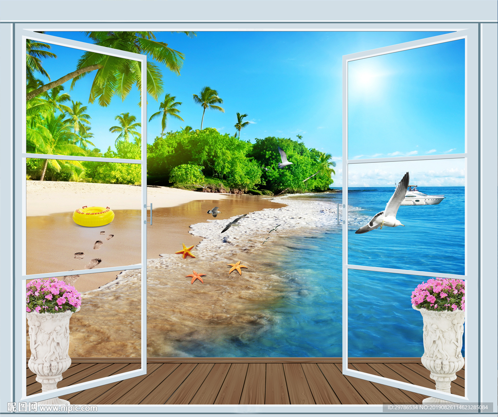 3D立体假窗清新唯美地中海风景