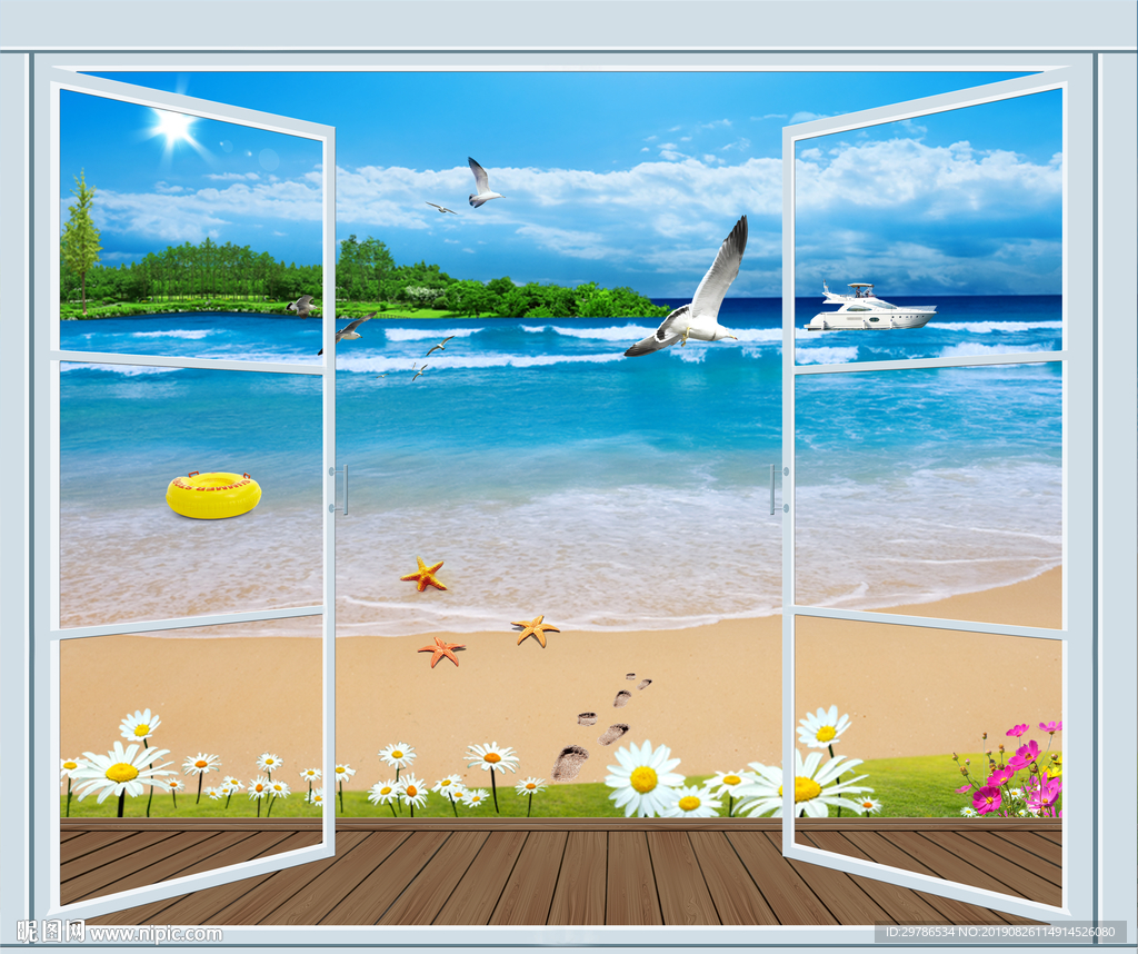 3D假窗大海沙滩草地唯美风景