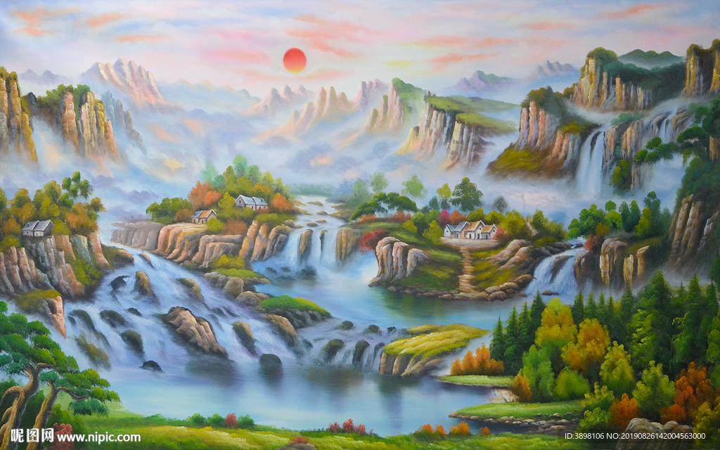 旭日东升大型山水电视背景墙