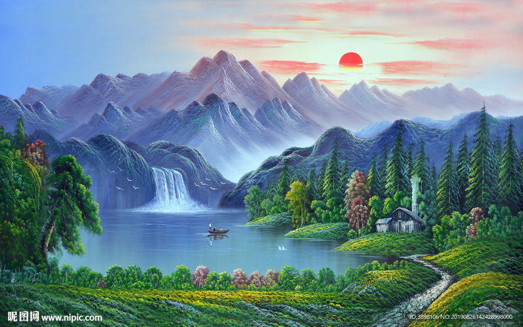 旭日东升大型山水画背景墙