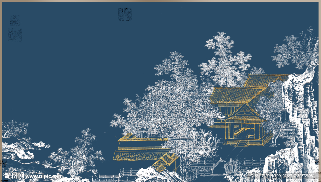 新中式楼阁亭子装饰画