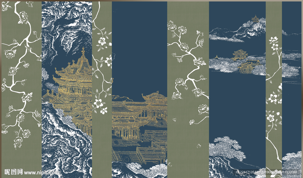 新中式楼阁花鸟装饰画