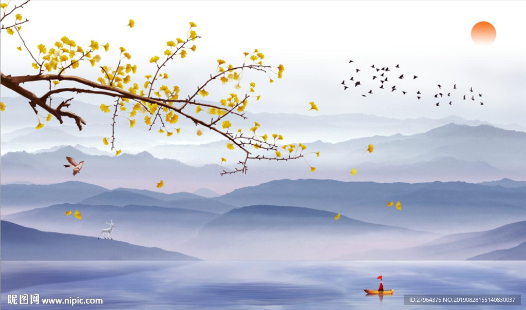 新中式唯美花鸟山水电视背景墙