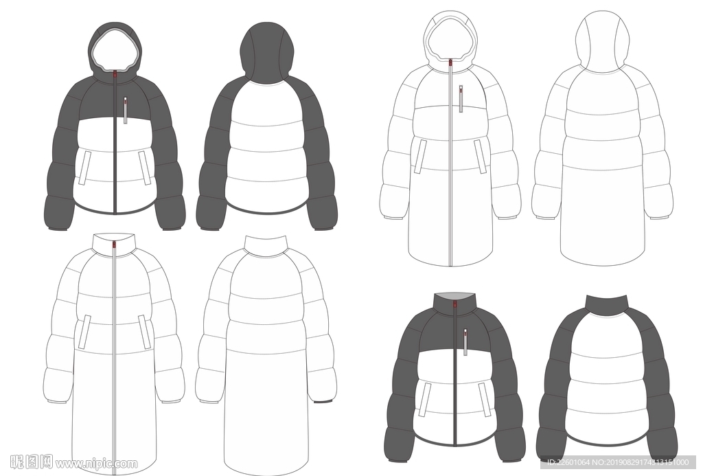 中长款插肩袖羽绒服矢量图模板